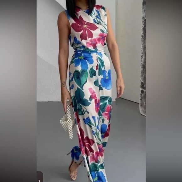 Zara Floral Satin Wide Leg Sleeveless Jumpsuit - Picture 4 of 14